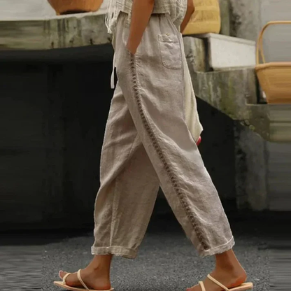 Pantalon Femme Lin Blanc Brodé