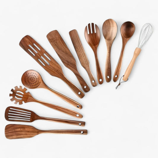 Ustensiles de Cuisine en Bois et Inox, Set de 10 Pièces Pratiques - LuxeStyle