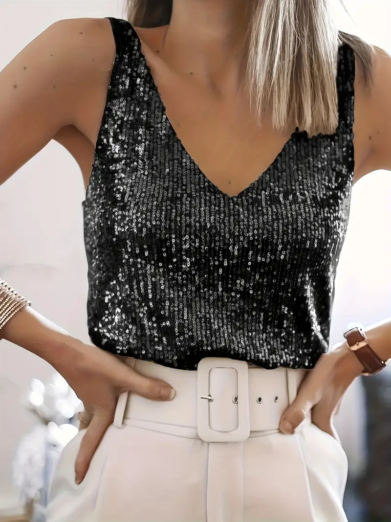 Top Femme Pailleté Émeraude Éclatant Sans Manches