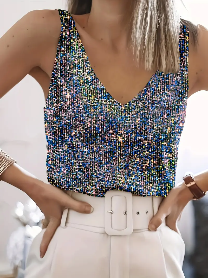 Top Femme Pailleté Émeraude Éclatant Sans Manches
