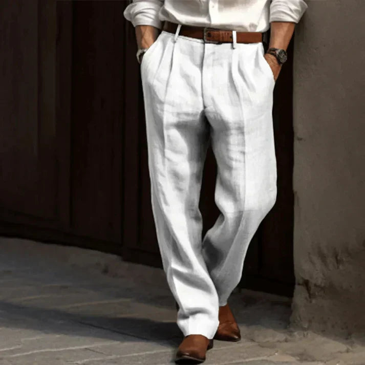Pantalon Lin Beige pour Homme avec Ceinture Cuir