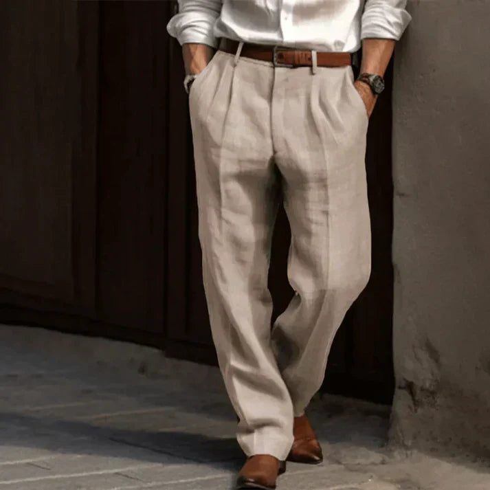 Pantalon Lin Beige pour Homme avec Ceinture Cuir