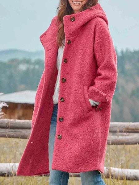 Manteau femme en laine douce rose vichy avec capuche et fermeture boutons - LuxeStyle