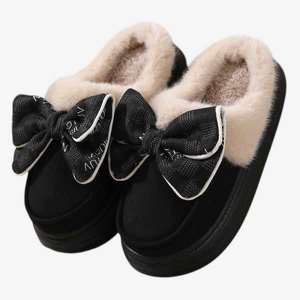 Chaussons Douillets à Talon Plat avec Fourrure et Nœud