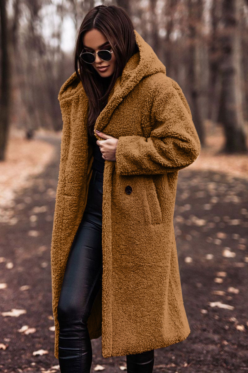 Manteau femme hiver faux cuir marron avec capuchon