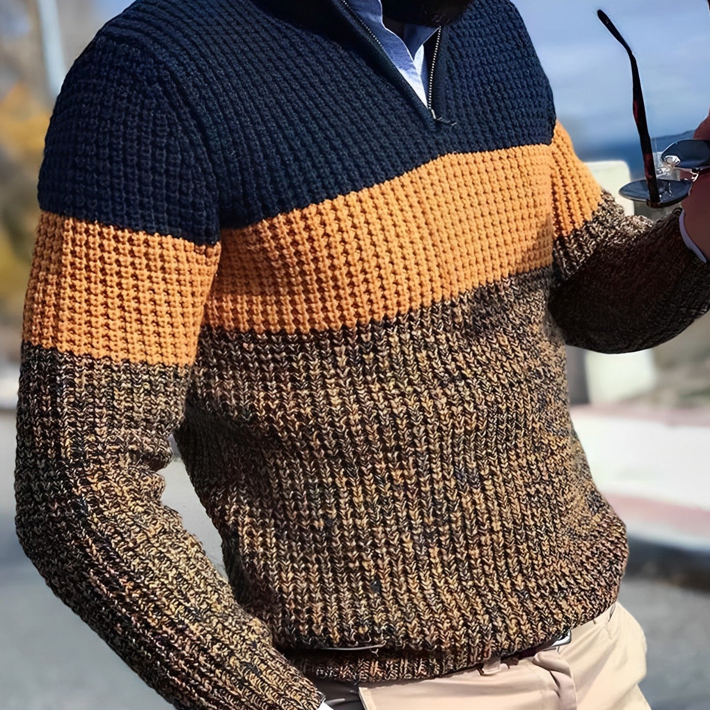 Pull Tricot Homme Zippé Deux Tons