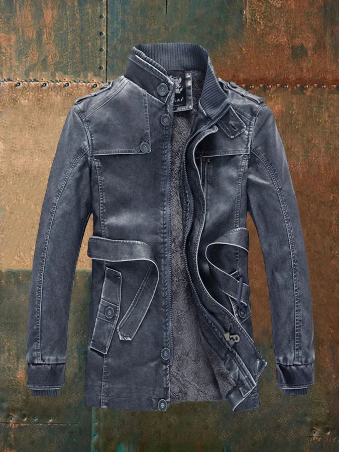 Veste Cuir Homme Chic Rétro - Doublure Fleece & Fermeture Élégante