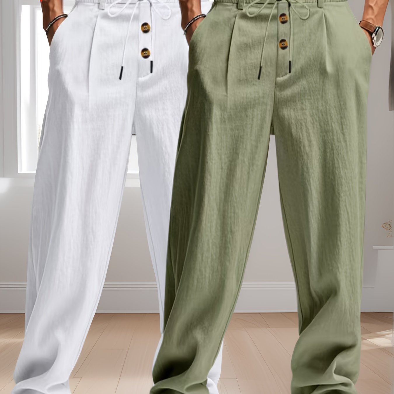 Pantalon Lin Homme Décontracté Beige Bleu