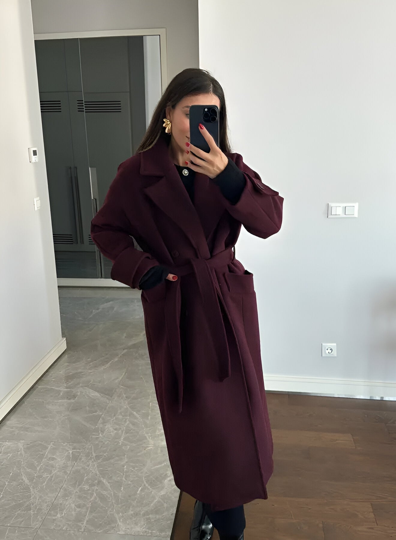 Manteau Femme Grande Taille - Laine Mélange Bordeaux Élégant