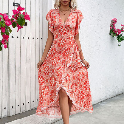 Volanta™ – Robe Longue Femme Élégante avec Col en V et Manches à Volants