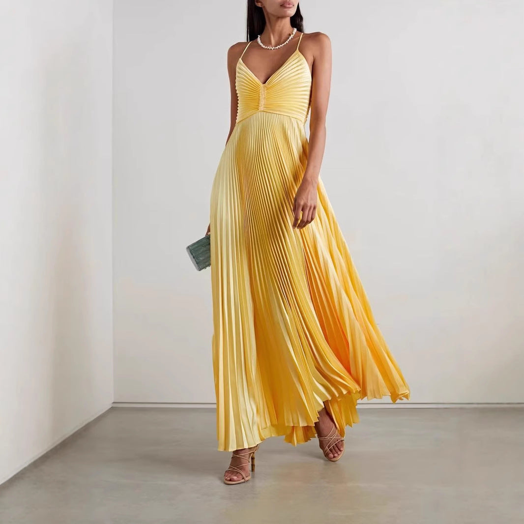 Plissova™ – Robe Longue Femme Plissée Col en V Chic et Fluide