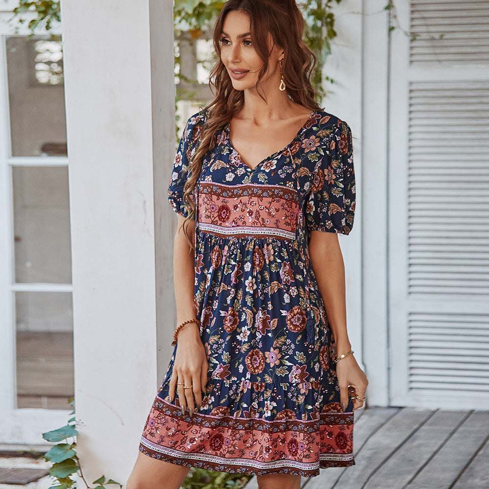 Puffine™ – Robe Femme Mini A-Line Col en V avec Manches Bouffantes