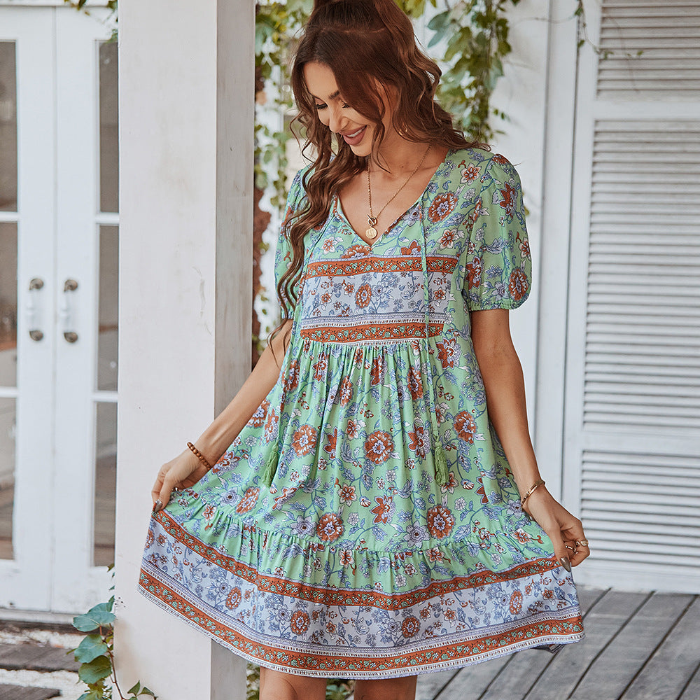 Puffine™ – Robe Femme Mini A-Line Col en V avec Manches Bouffantes