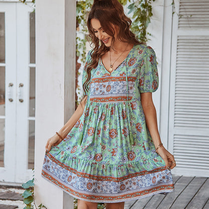 Puffine™ – Robe Femme Mini A-Line Col en V avec Manches Bouffantes