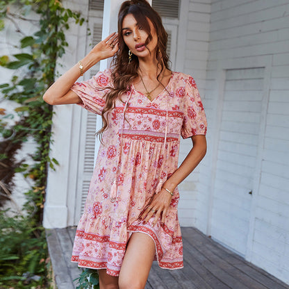 Puffine™ – Robe Femme Mini A-Line Col en V avec Manches Bouffantes