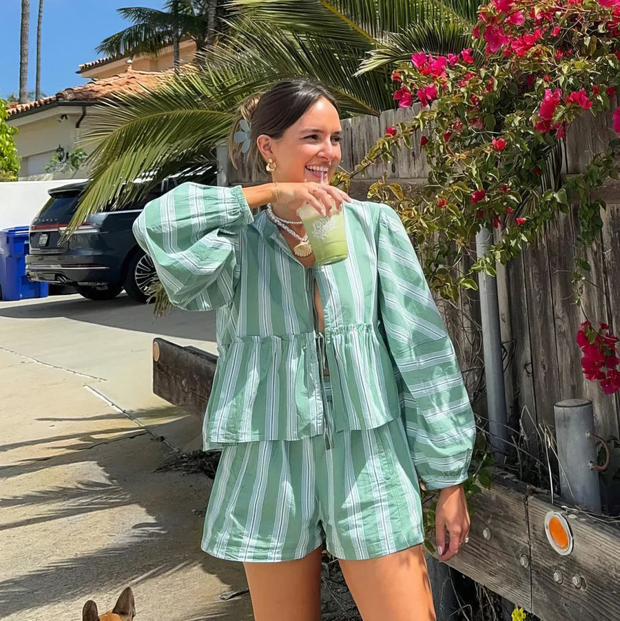 Ensemble Femme Élégant Haut Manches Longues et Short Large - LuxeStyle
