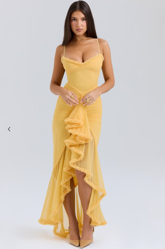 Robe Cocktail Jaune Fleurie pour Femme - LuxeStyle