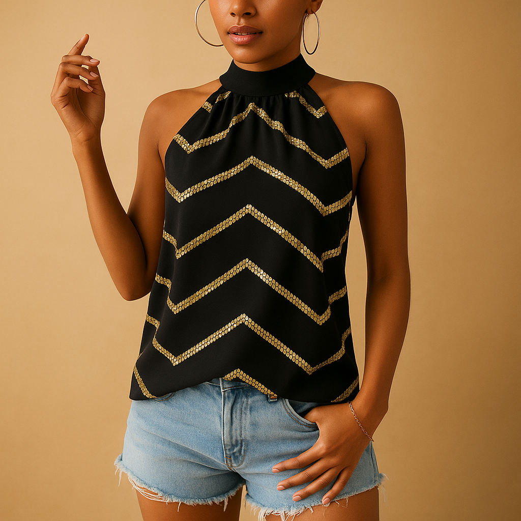 Top femme décolleté doré sans manches - LuxeStyle