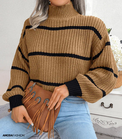 Pull Femme Rayé à Col Roulé Doux - LuxeStyle