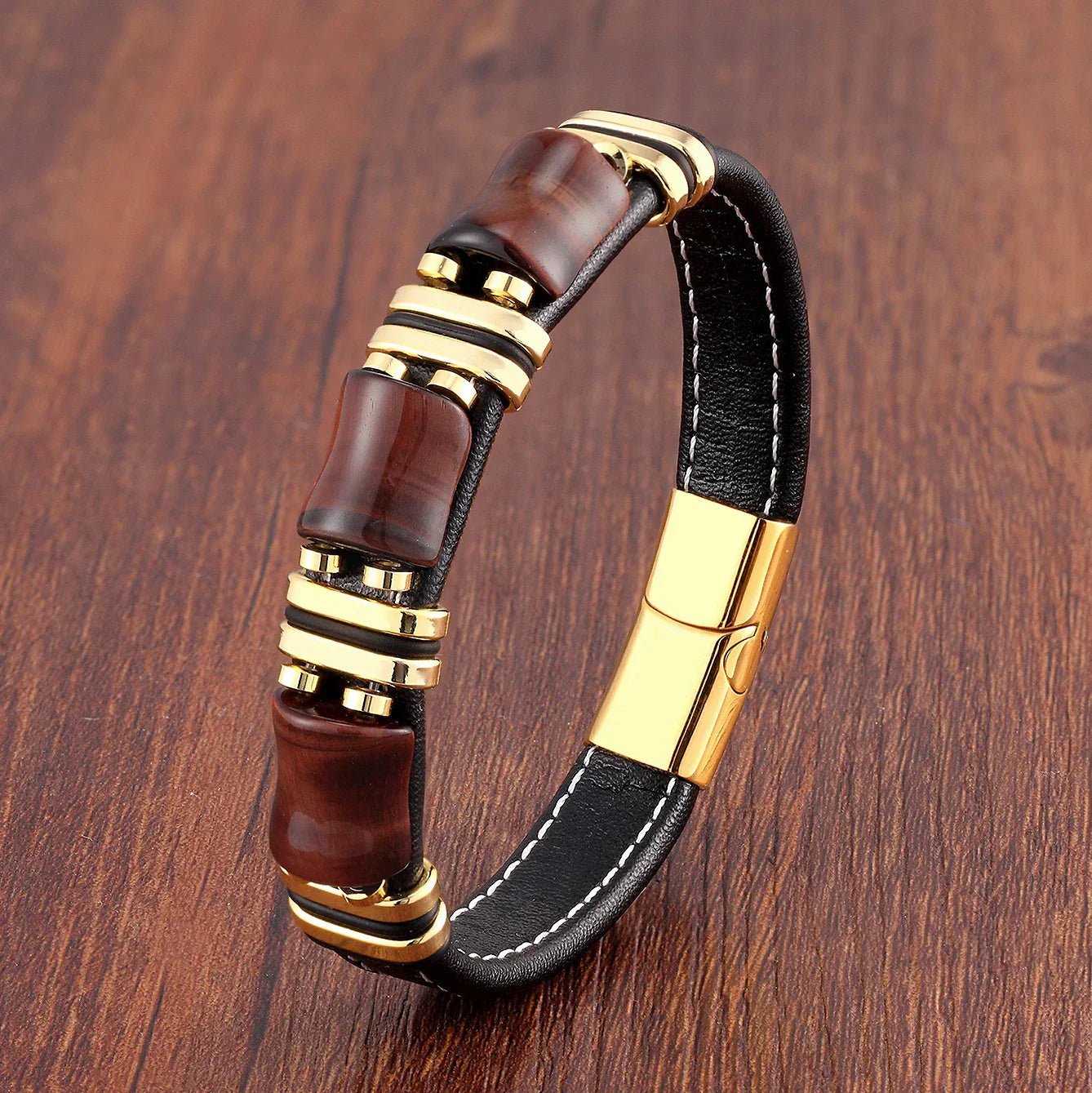 Bracelet Cuir Homme avec Pierre Oeil de Tigre Élégant - LuxeStyle