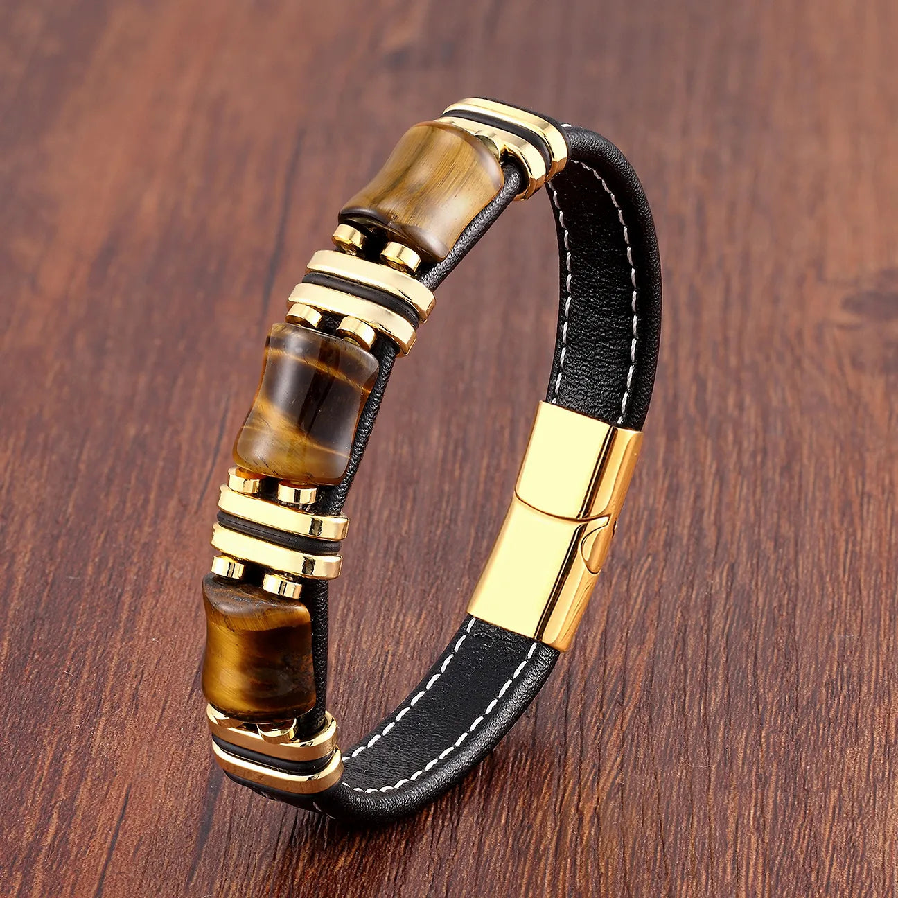 Bracelet Cuir Homme avec Pierre Oeil de Tigre Élégant