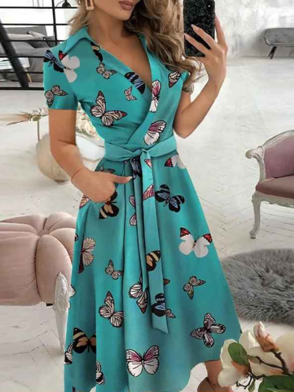 Robe Femme Élégante - Robe Imprimée Chic avec Ceinture et Coupe Fluide pour Tous les Jours