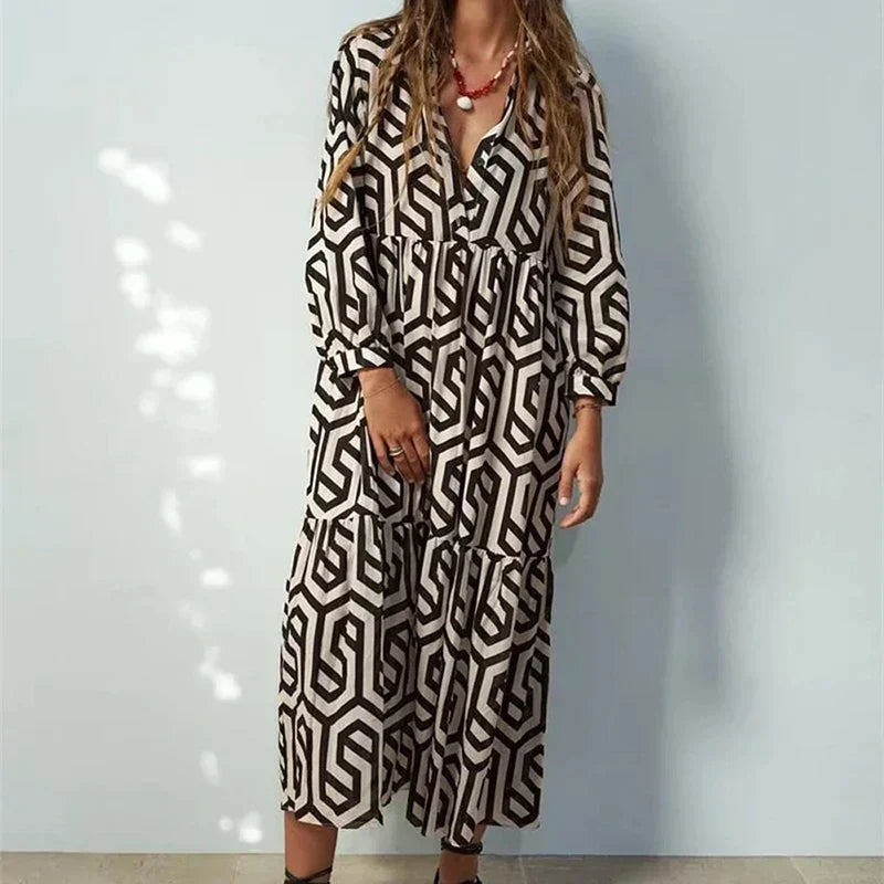 Zeolina™ – Robe Longue Femme Élégante à Manches Longues Design Géométrique
