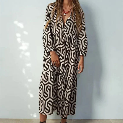 Zeolina™ – Robe Longue Femme Élégante à Manches Longues Design Géométrique