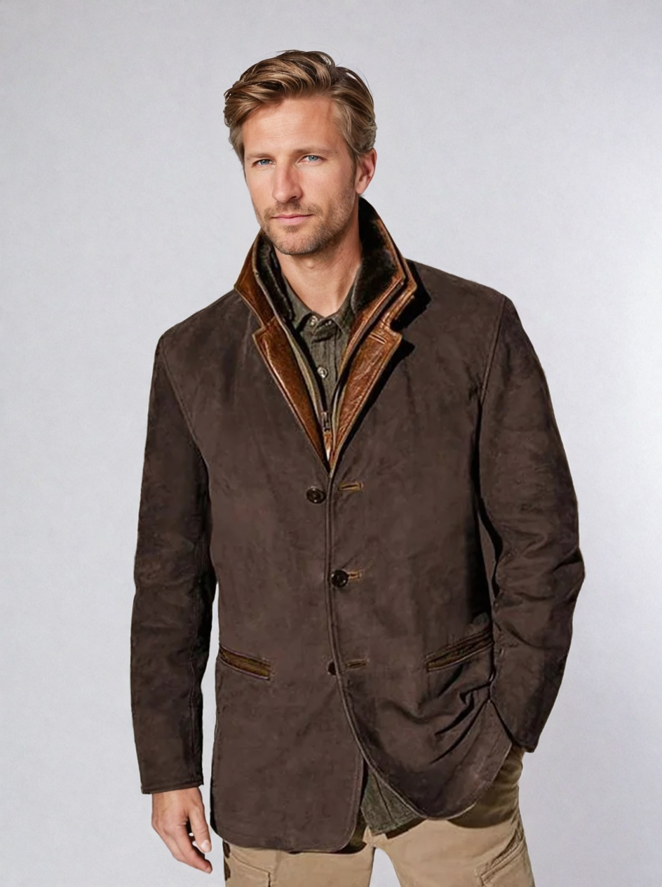 Veste Cuir Brun Homme Col Contraste