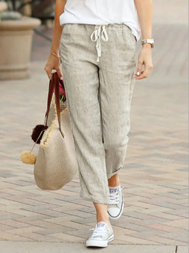 Pantalon Lin Femme Élégant Cordon Boutonné