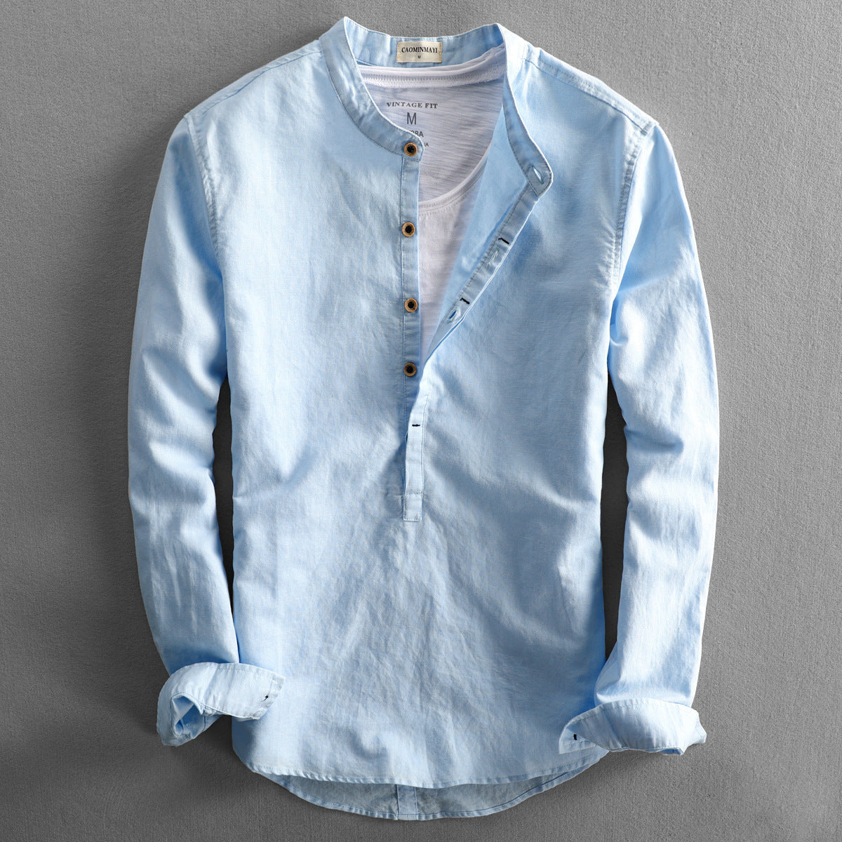 Chemise Homme Lin Élégant Col Rond Boutons Blancs - LuxeStyle