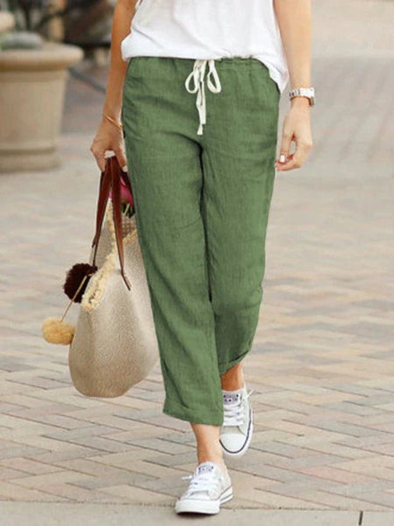 Pantalon Lin Femme Élégant Cordon Boutonné