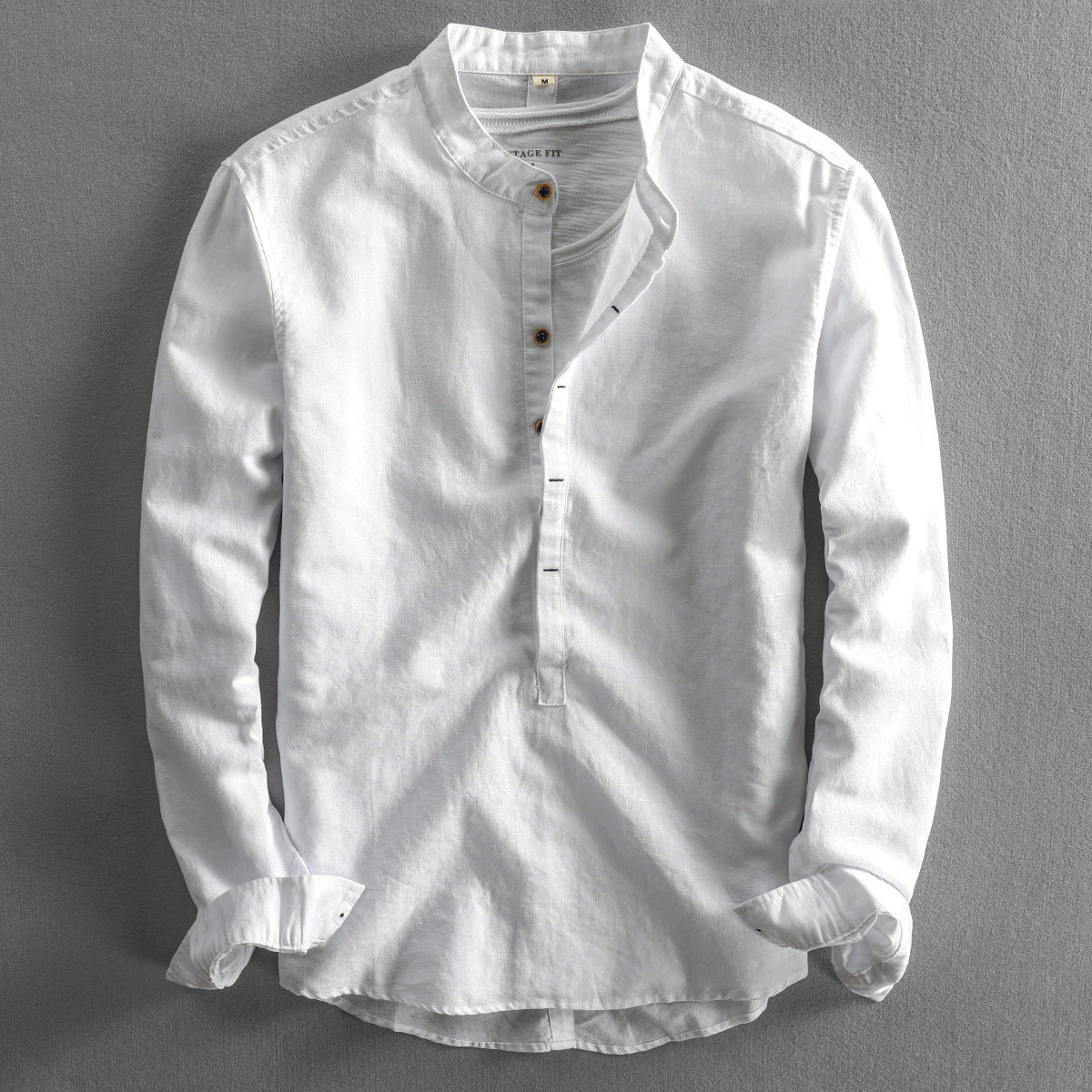 Chemise Homme Lin Élégant Col Rond Boutons Blancs