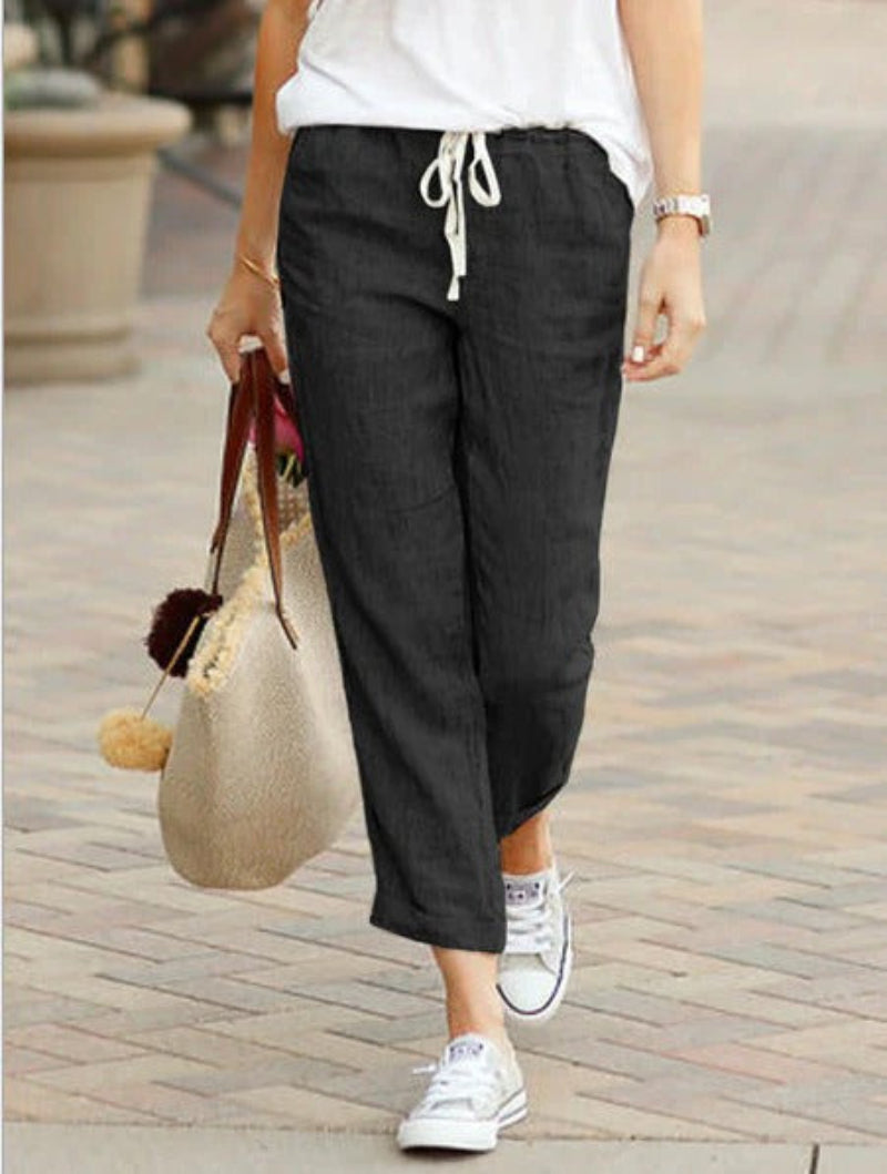 Pantalon Lin Femme Élégant Cordon Boutonné
