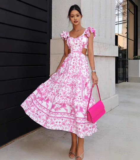 Robe Été Florale Longue Manches Bouffantes Décolleté Profond Femmes