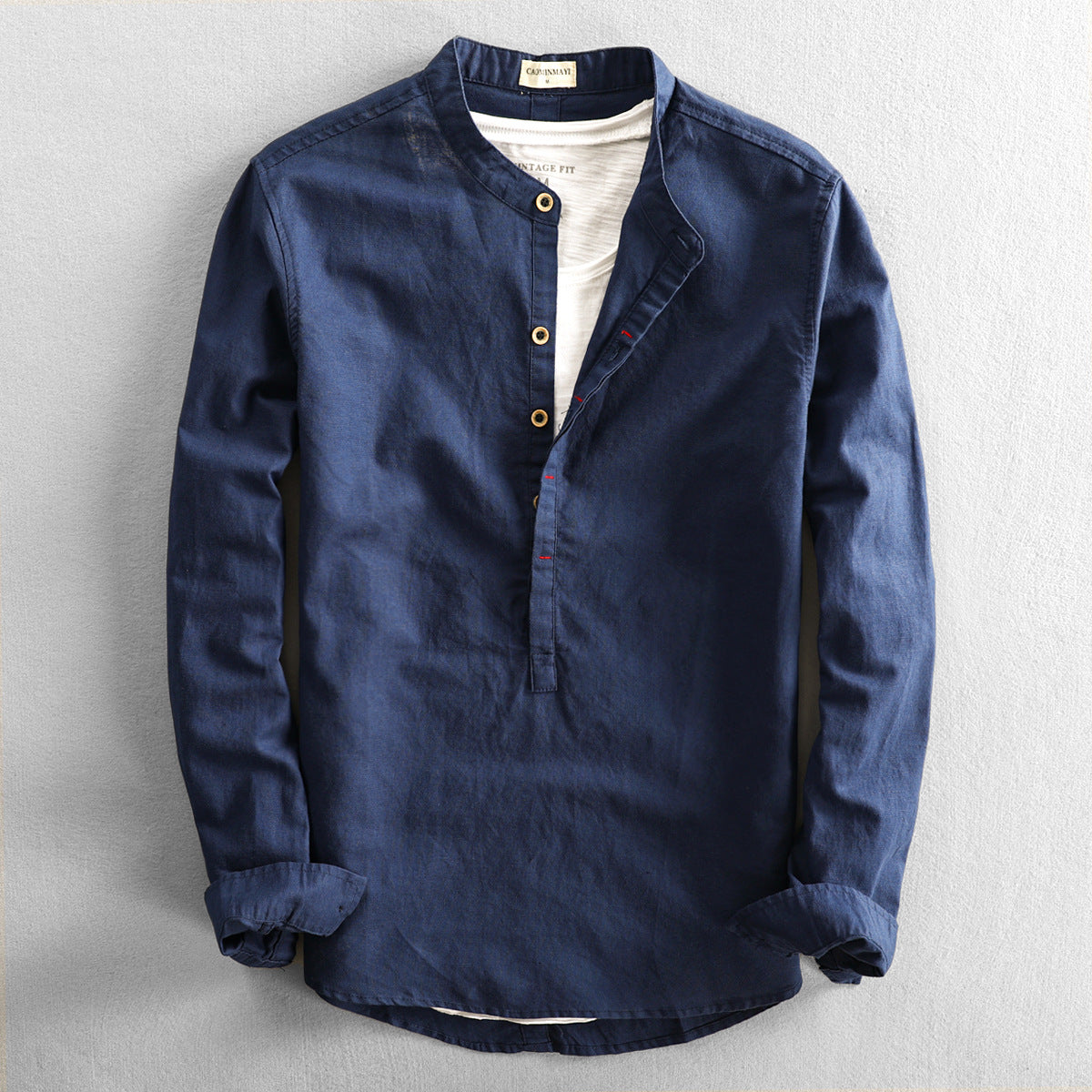 Chemise Homme Lin Élégant Col Rond Boutons Blancs