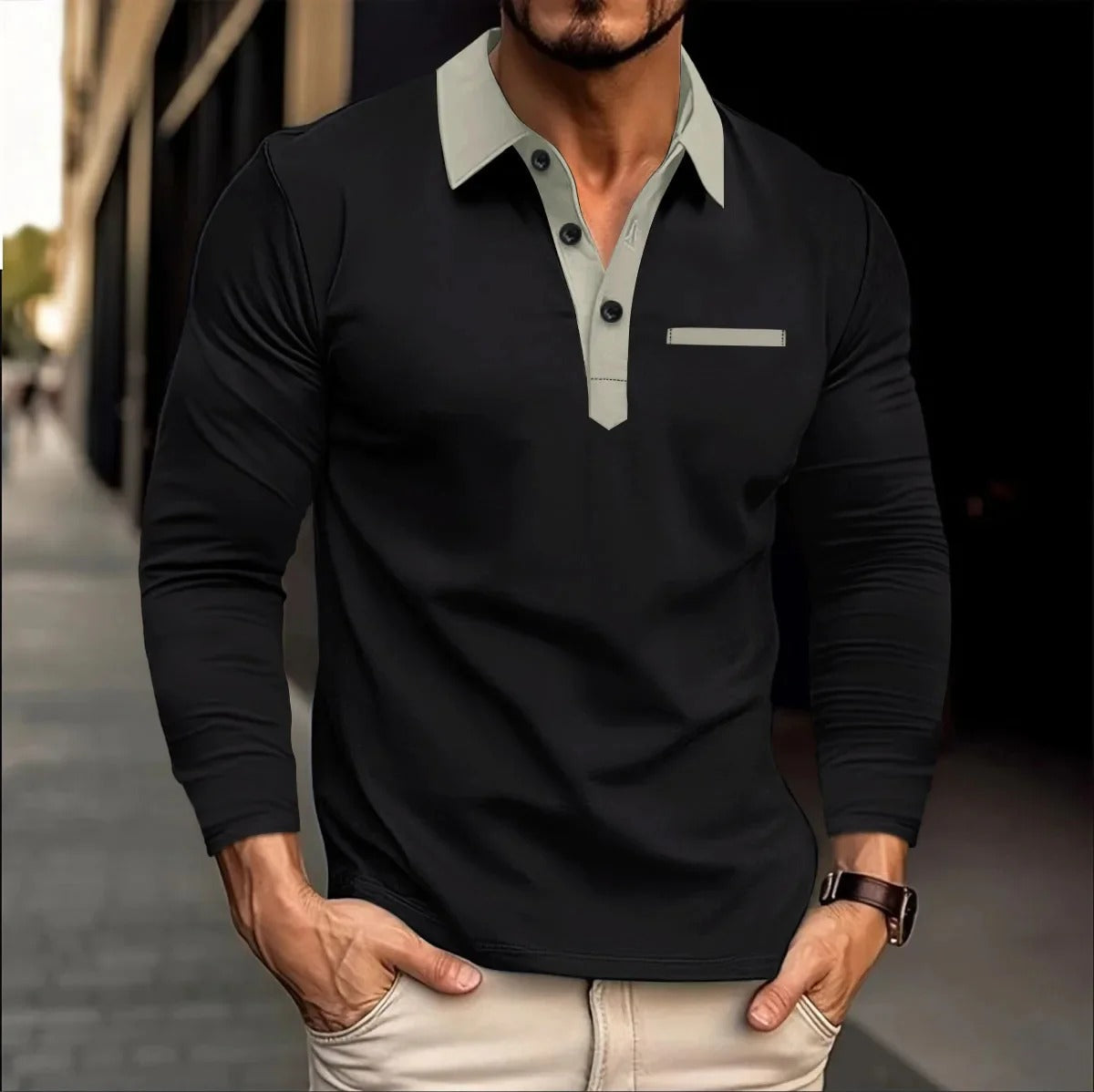 Polo Homme Manches Longues Grande Taille Élégant Pour Printemps