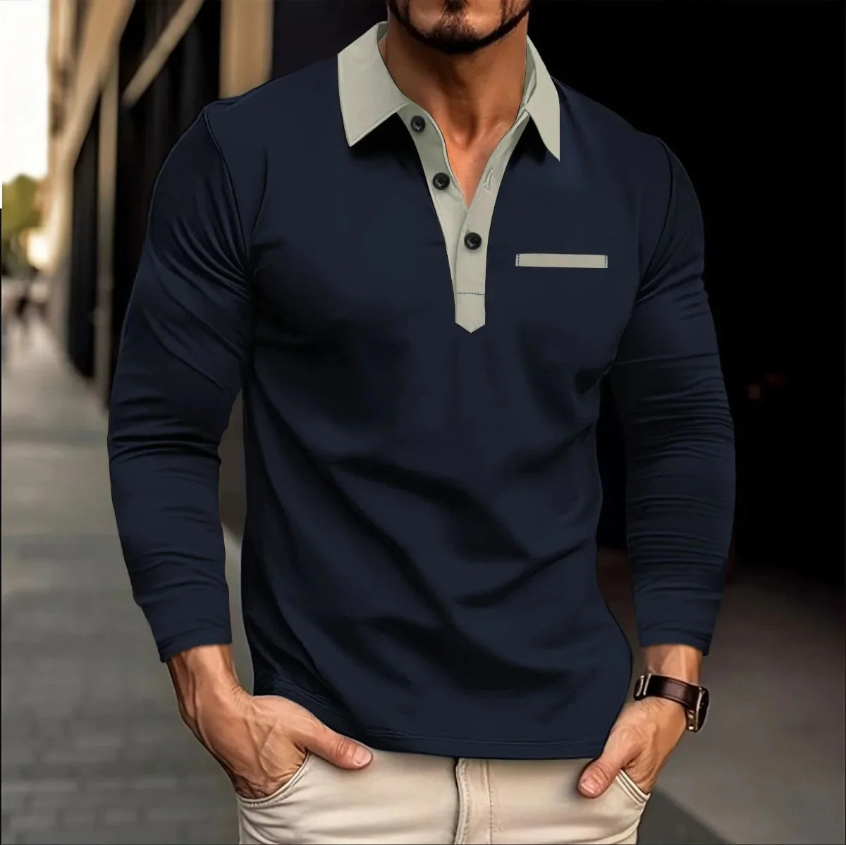 Polo Homme Manches Longues Grande Taille Élégant Pour Printemps