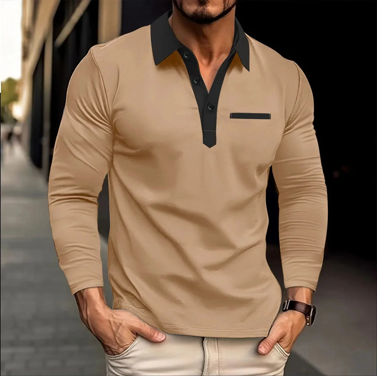Polo Homme Manches Longues Grande Taille Élégant Pour Printemps