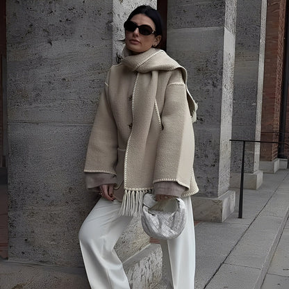 Manteau Femme Élégant en Laine avec Écharpe Élégante - LuxeStyle