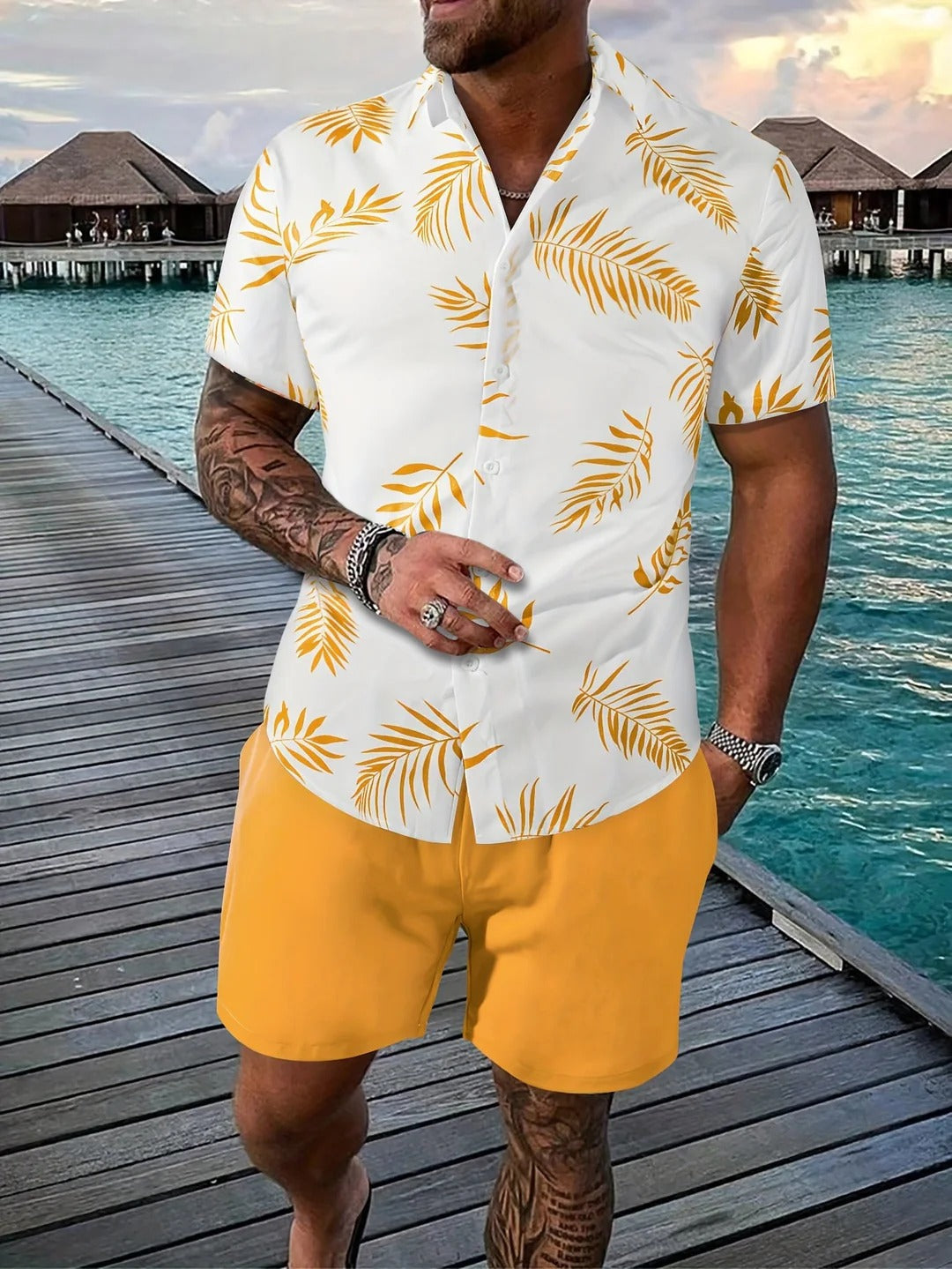 Tenue Été Homme Chemise Floral et Short Lin Beige