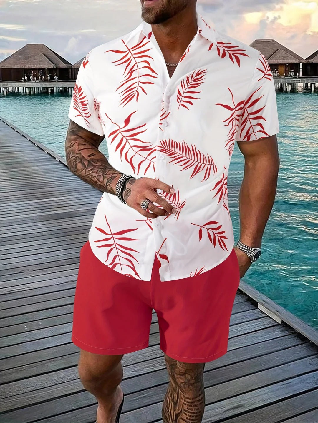 Tenue Été Homme Chemise Floral et Short Lin Beige
