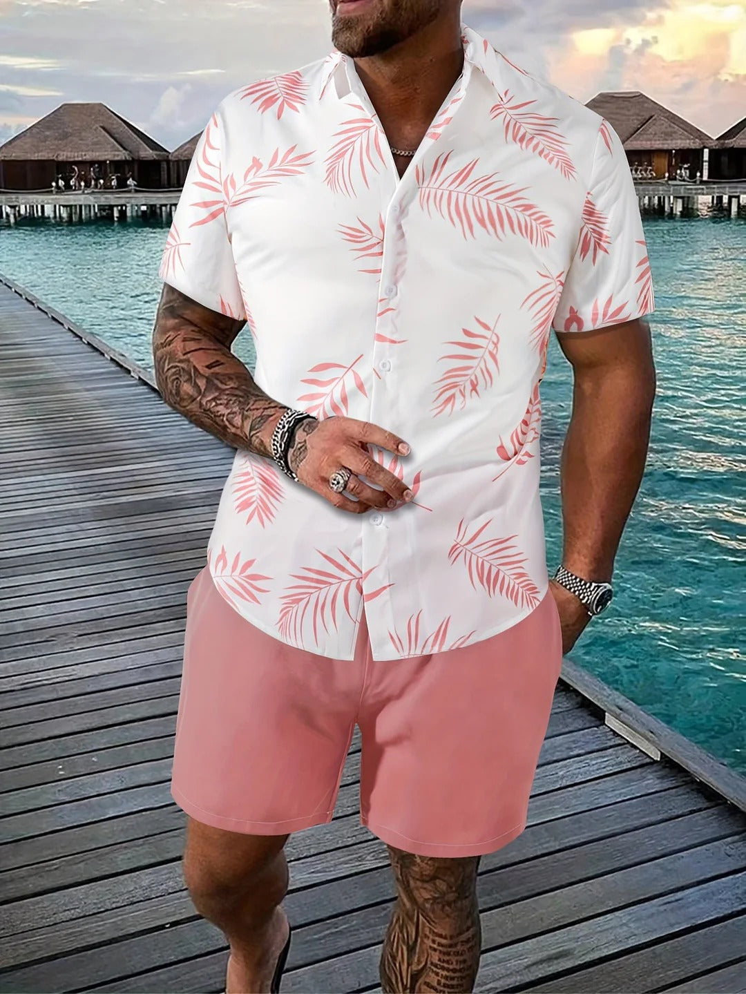Tenue Été Homme Chemise Floral et Short Lin Beige