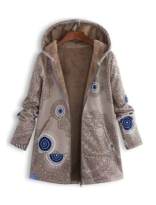 Manteau Femme Hivernal Chic - Parka Doublé avec Capuche et Imprimé Géométrique