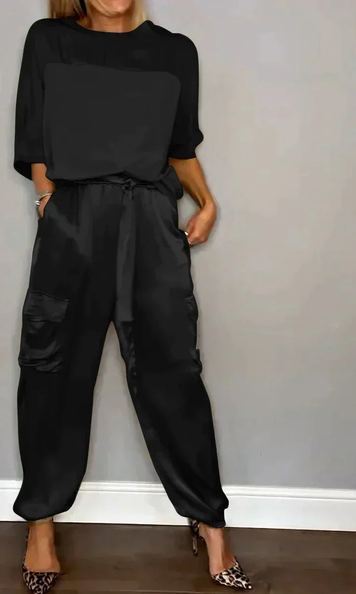 Ensemble Femme Élégant Beige avec Pantalon Combiné et Top Décolleté