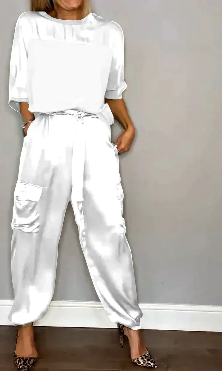 Ensemble Femme Élégant Beige avec Pantalon Combiné et Top Décolleté