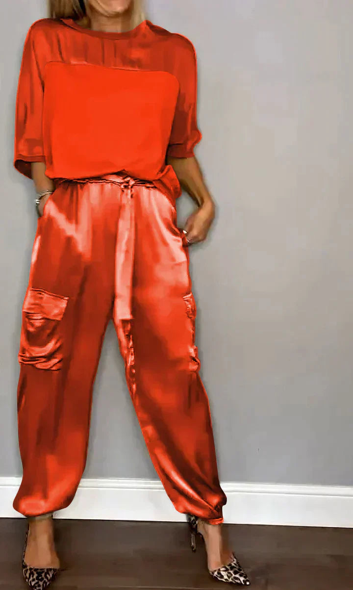 Ensemble Femme Élégant Beige avec Pantalon Combiné et Top Décolleté