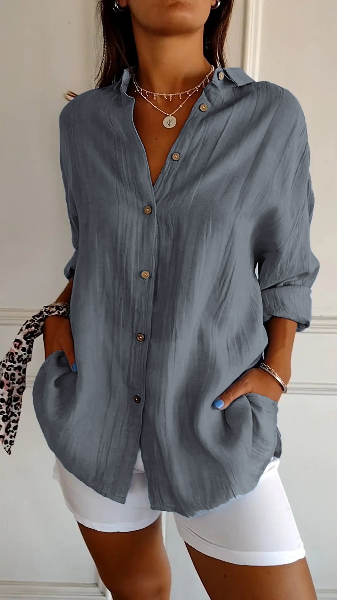 Chemise Lin Élégante Bleu Foncé Femme