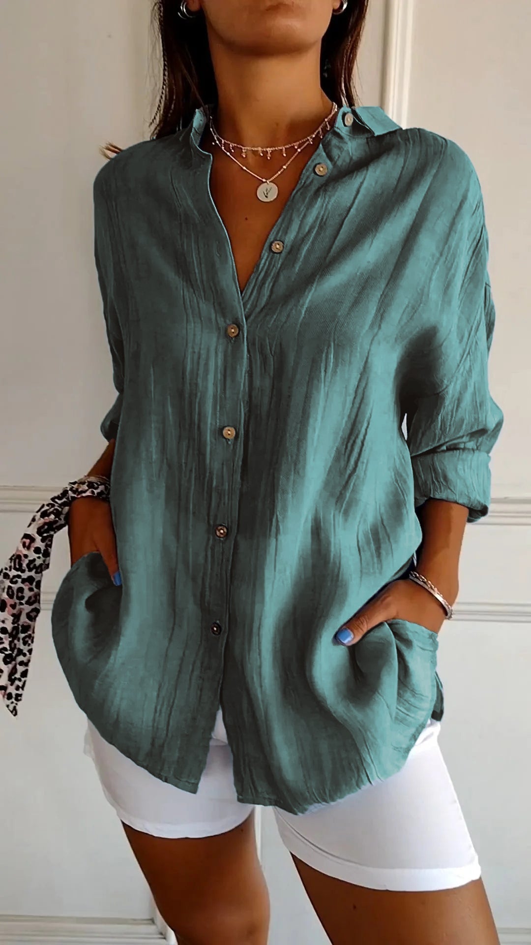 Chemise Lin Élégante Bleu Foncé Femme