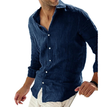 Chemise Homme Lin Élégant Manches Longues Bleu Foncé - LuxeStyle